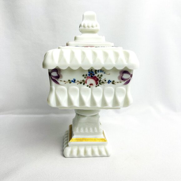 Westmoreland Milk Glass Hand-Painted Wedding Box Compote Roses & Bows 8” - Picture 8 of 12